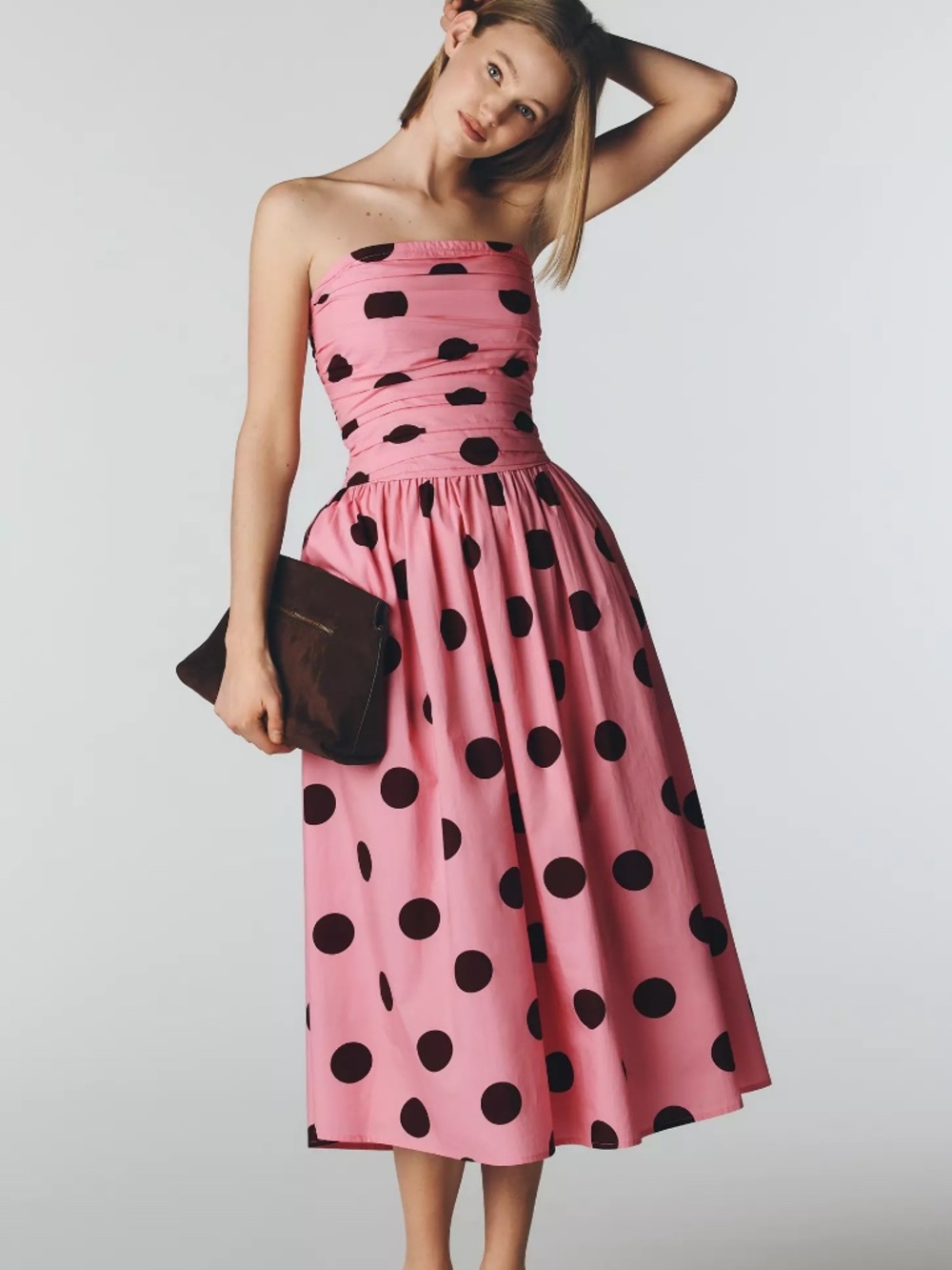 Anthropologie Nobody's Child Cotton Felicity Strapless Midi Dress Pink Polka Dot